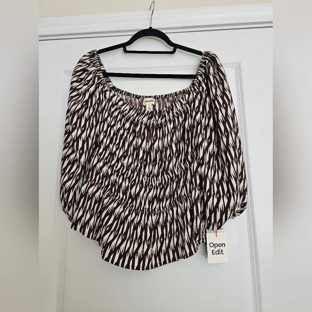 Open Edit (Nordstrom) Dark Brown and White Patterned Blouse, Size XL